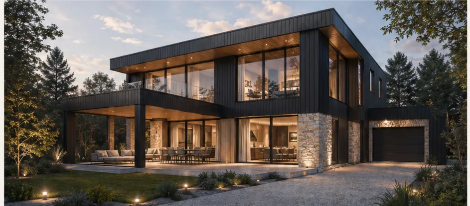 Maison Canopée 125 — Bois brûlé + Pierre