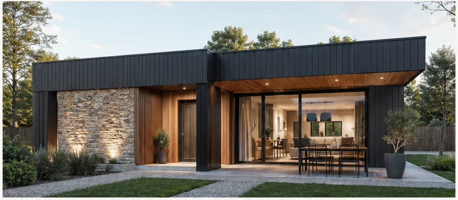 Maison Épure 95 — Bois brûlé + Pierre