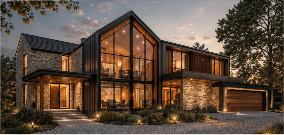 Maison Héritage 160 — Pierre + Bois brûlé + Acier